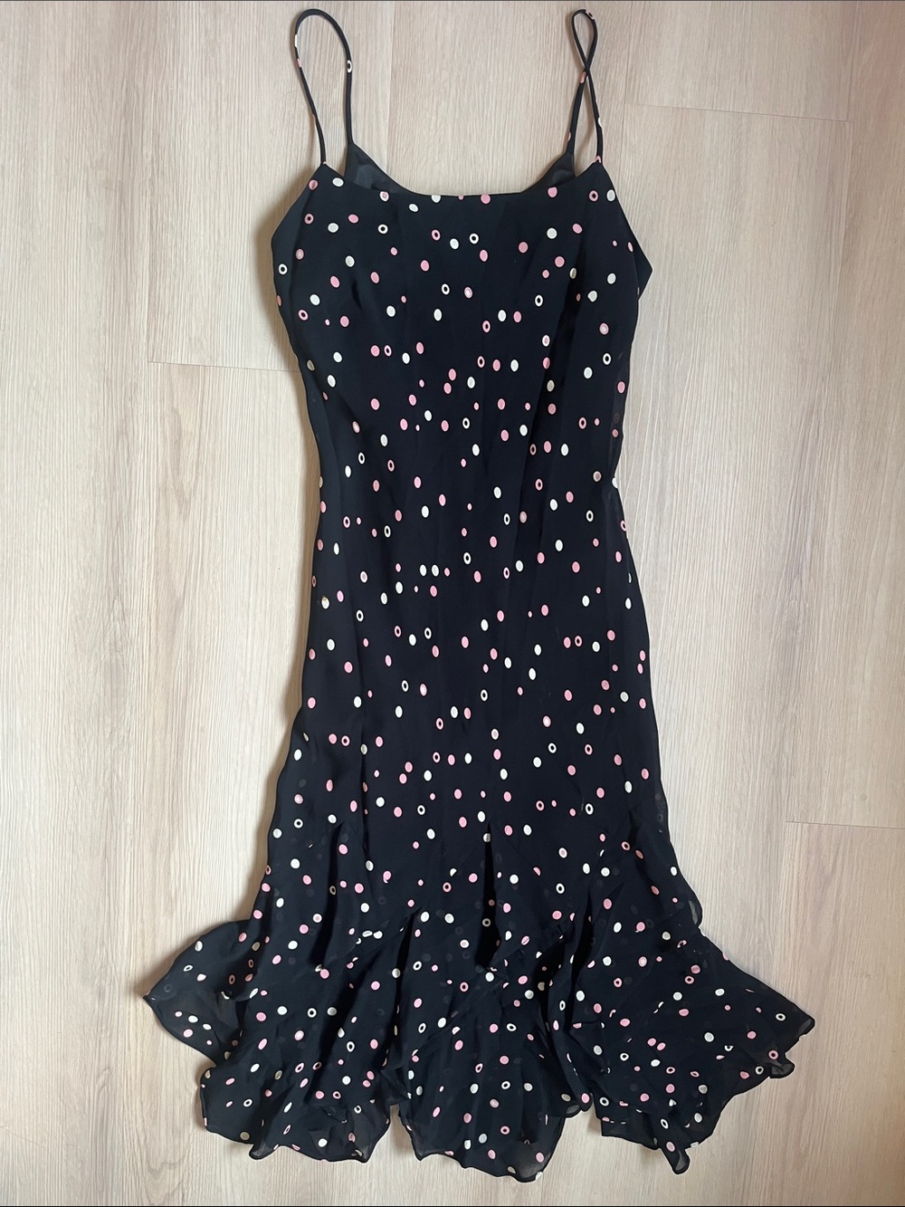 Joseph Ribkoff Vintage 90’s/Y2K Black Polka Dot Whimsical Slip Dress Ruffle Hem